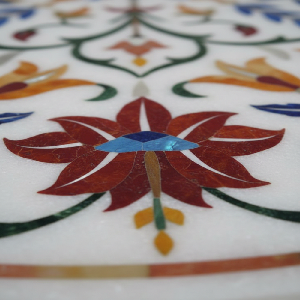 Round White Marble Inlay Work Table Top