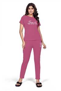 Women Night Suit Set Pink Printed