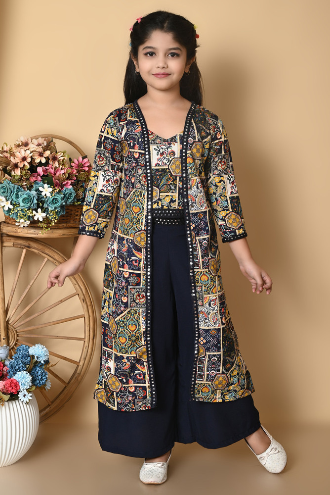 Girls Self Designed Premium Cotton Jacket Blue Clothing Set