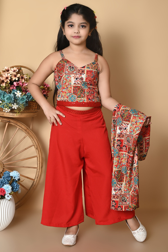 Girls Self Designed Premium Cotton Jacket Red Clothing Set