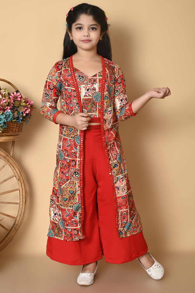 Girls Self Designed Premium Cotton Jacket Red Clothing Set - Color: Different Available