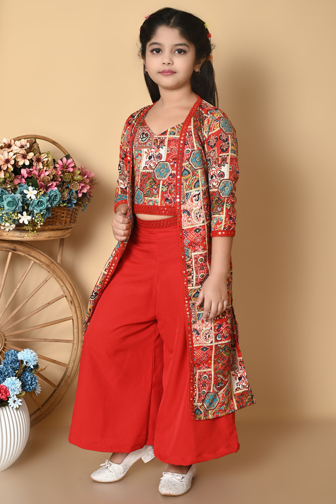 Girls Self Designed Premium Cotton Jacket Red Clothing Set