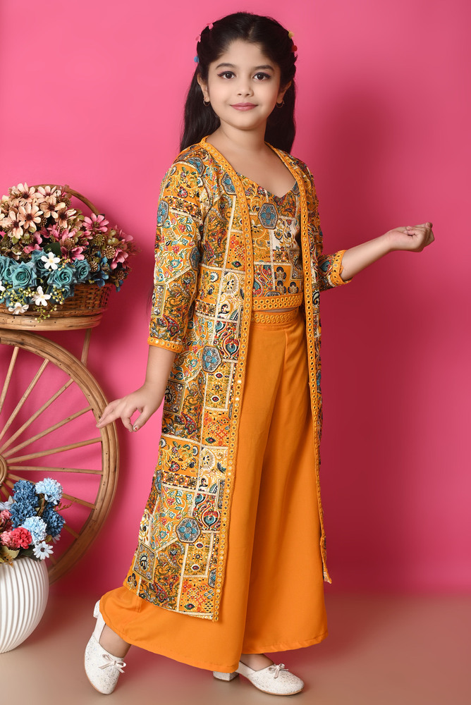 Girls Self Designed Premium Cotton Jacket Yellow Clothing Set