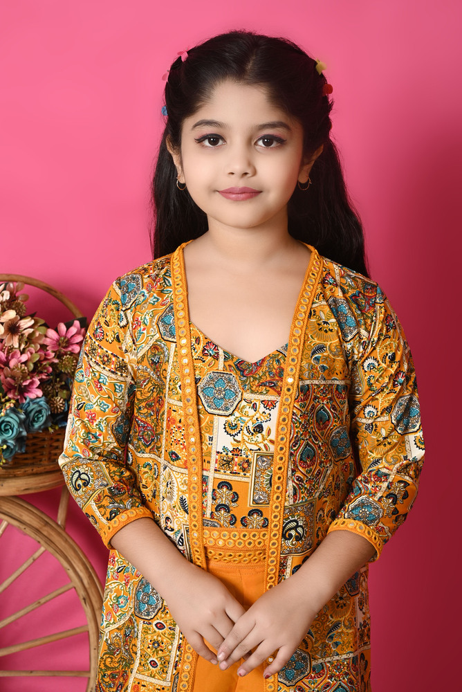 Girls Self Designed Premium Cotton Jacket Yellow Clothing Set