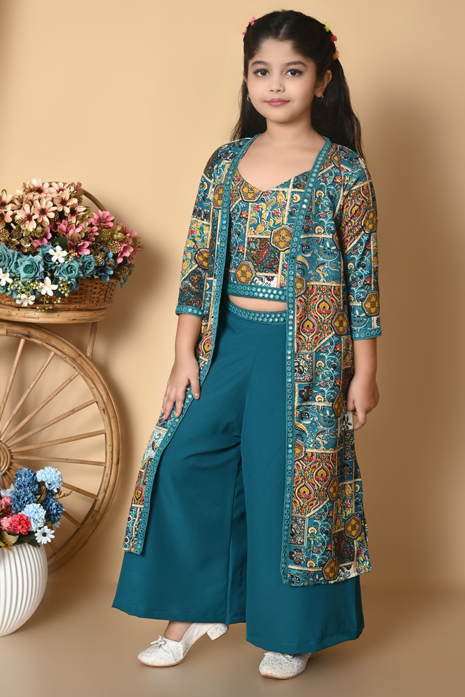 Girls Self Designed Premium Cotton Jacket Green Clothing Set