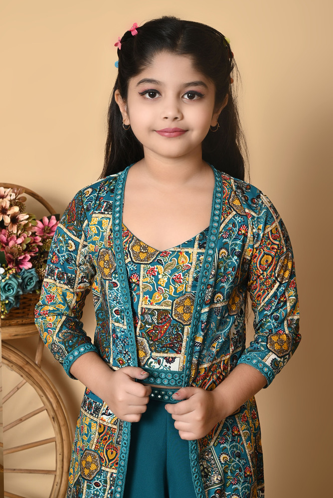 Girls Self Designed Premium Cotton Jacket Green Clothing Set