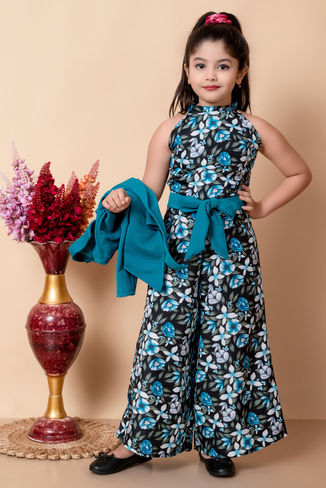 Girls Self Designed Premium Cotton Blue Jacket Jumpsuit Dress