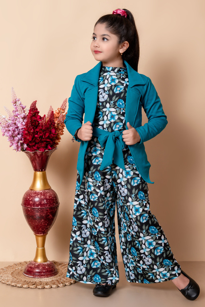 Girls Self Designed Premium Cotton Blue Jacket Jumpsuit Dress