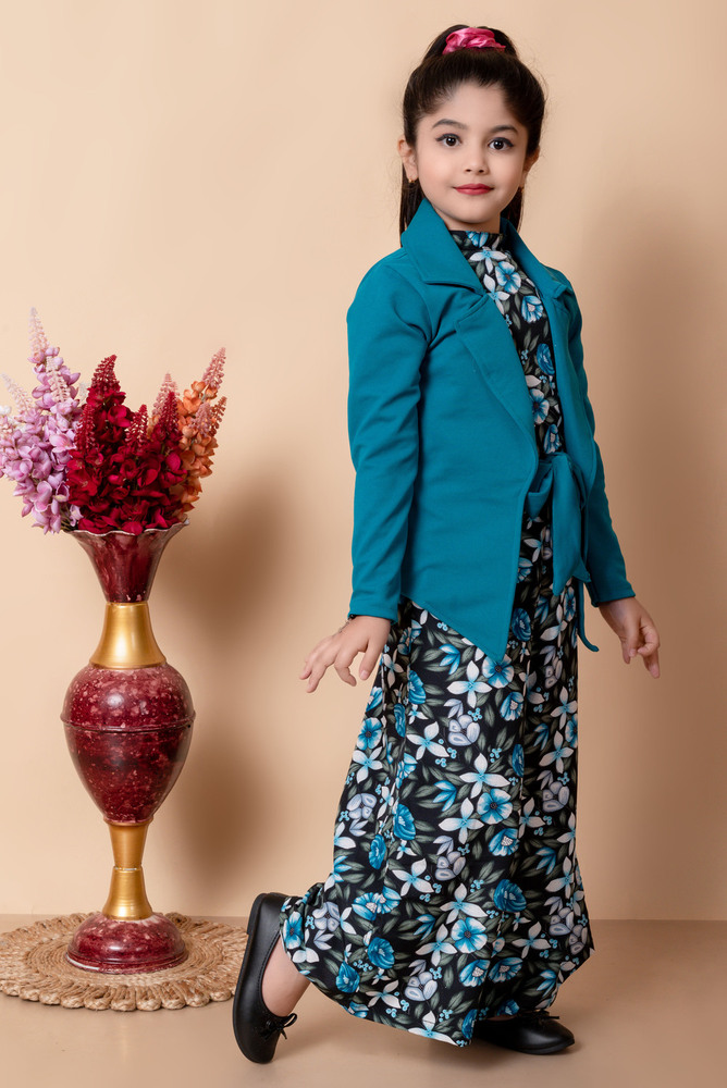 Girls Self Designed Premium Cotton Blue Jacket Jumpsuit Dress