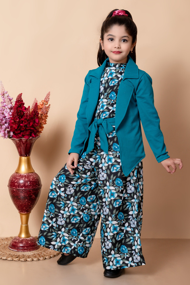 Girls Self Designed Premium Cotton Blue Jacket Jumpsuit Dress