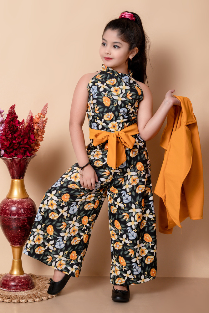 Girls Self Designed Premium Cotton Yellow Jacket Jumpsuit Dress