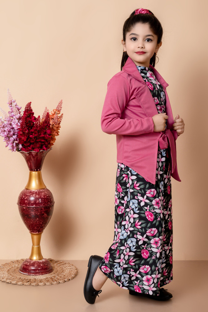 Girls Self Designed Premium Cotton Pink Jacket Jumpsuit Dress