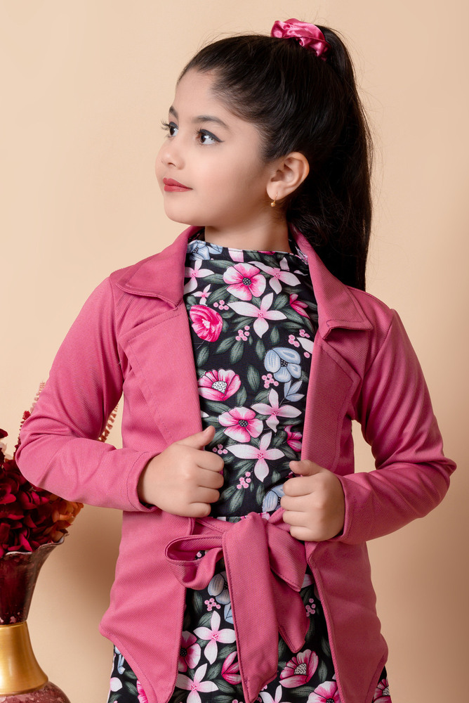 Girls Self Designed Premium Cotton Pink Jacket Jumpsuit Dress