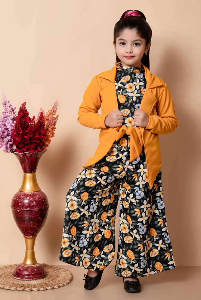 Girls Self Designed Premium Cotton Yellow Jacket Jumpsuit Dress