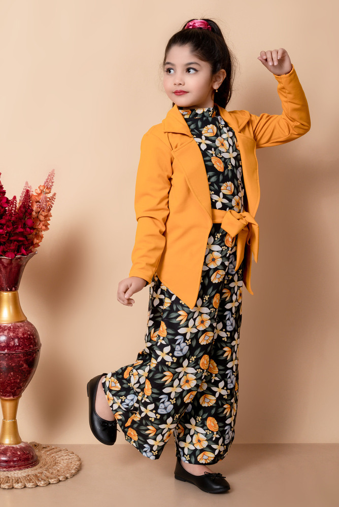 Girls Self Designed Premium Cotton Yellow Jacket Jumpsuit Dress