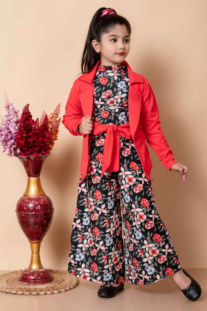 Girls Self Designed Premium Cotton Red Jacket Jumpsuit Dress