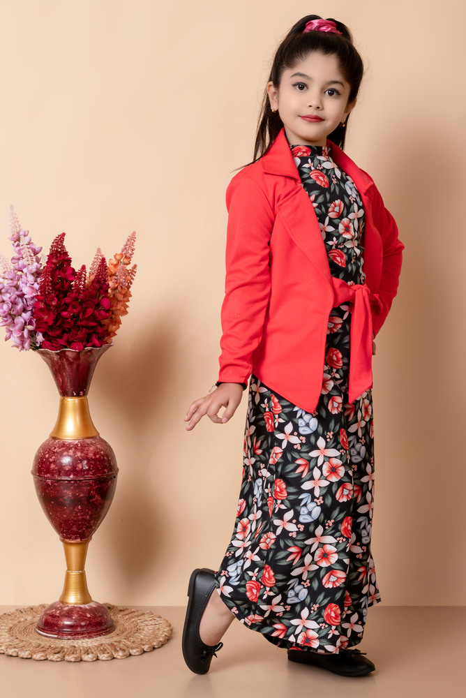 Girls Self Designed Premium Cotton Red Jacket Jumpsuit Dress