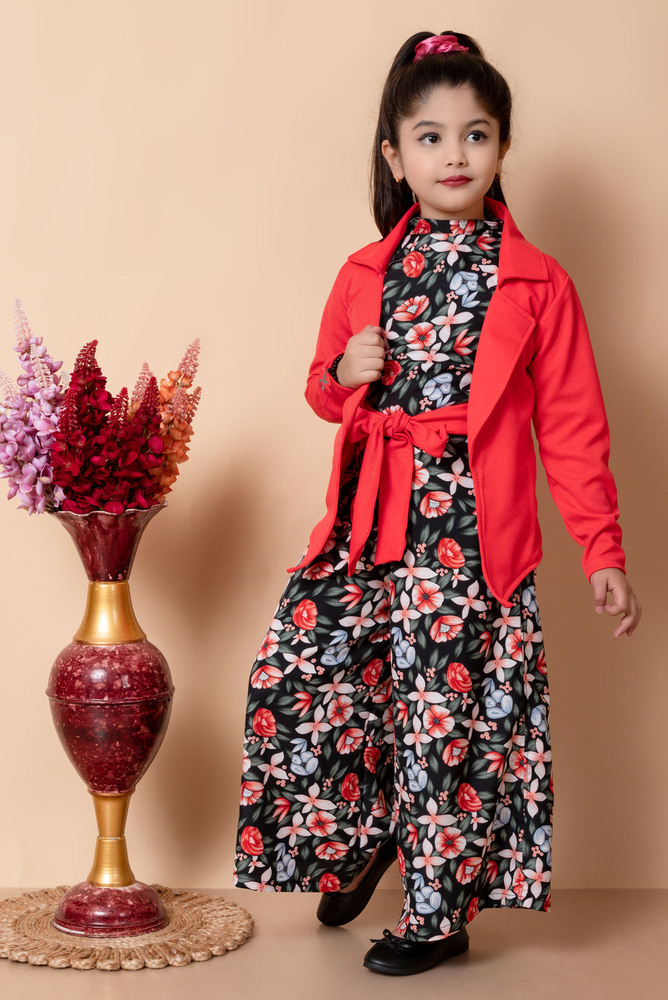 Girls Self Designed Premium Cotton Red Jacket Jumpsuit Dress