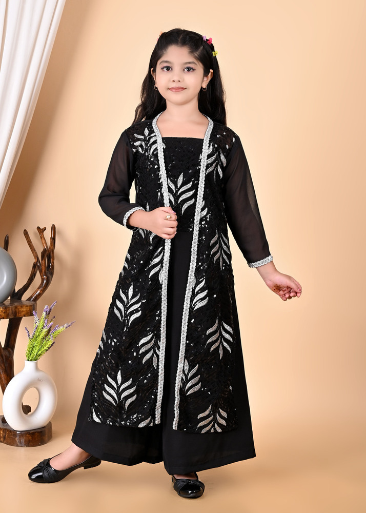 Girls Self Designed Premium Jacket Black Clothing Set