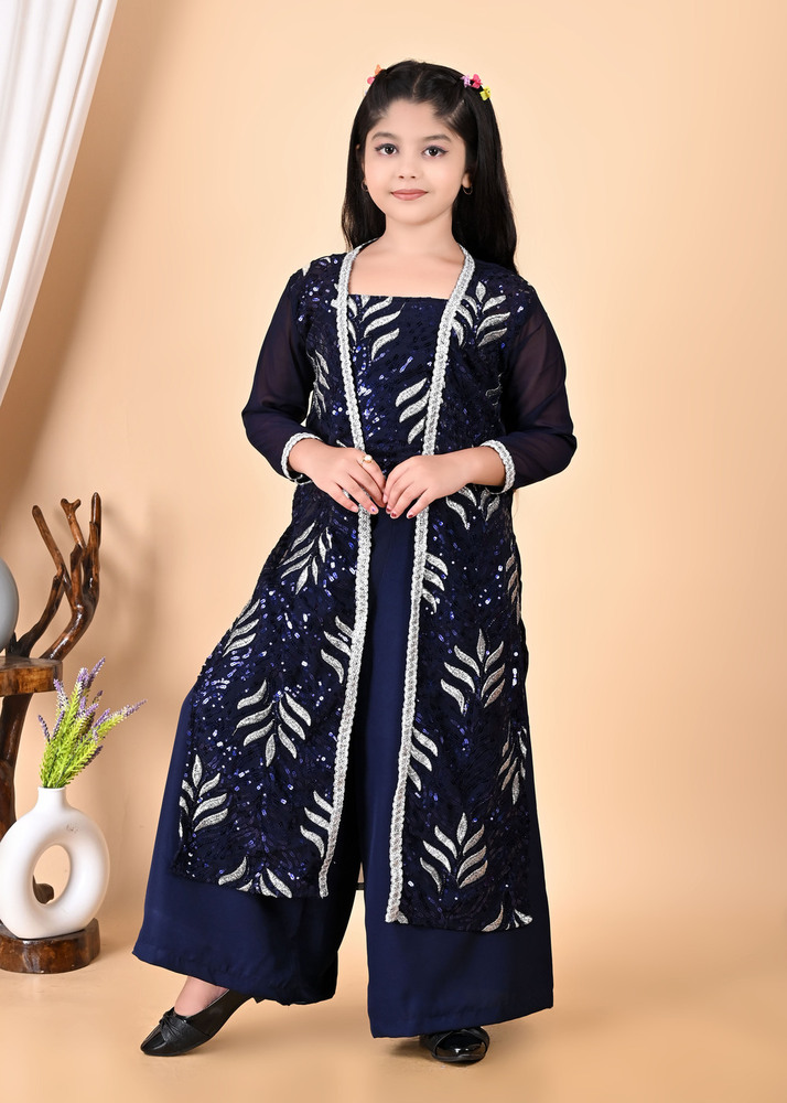 Girls Self Designed Premium Jacket Blue Clothing Set