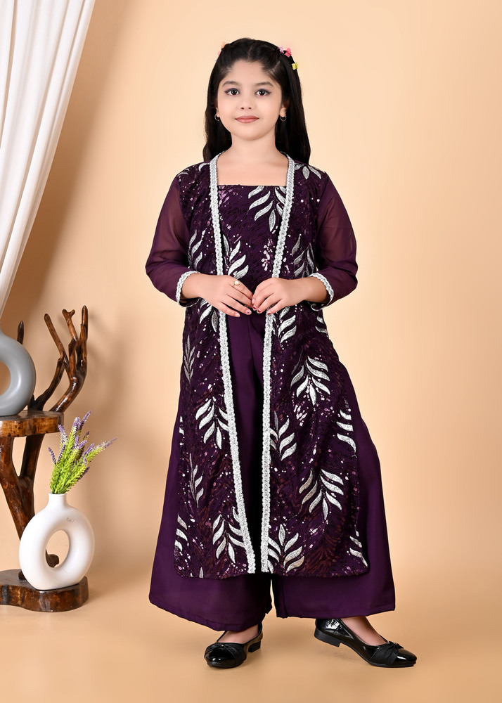 Girls Self Designed Premium Jacket Purple Clothing Set