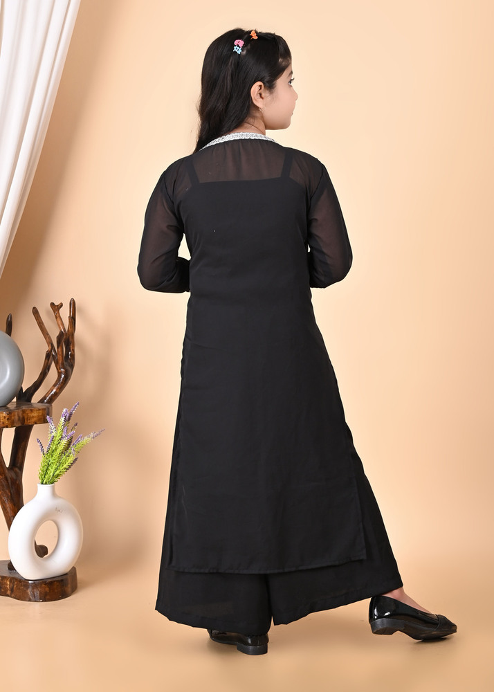 Girls Self Designed Premium Jacket Black Clothing Set