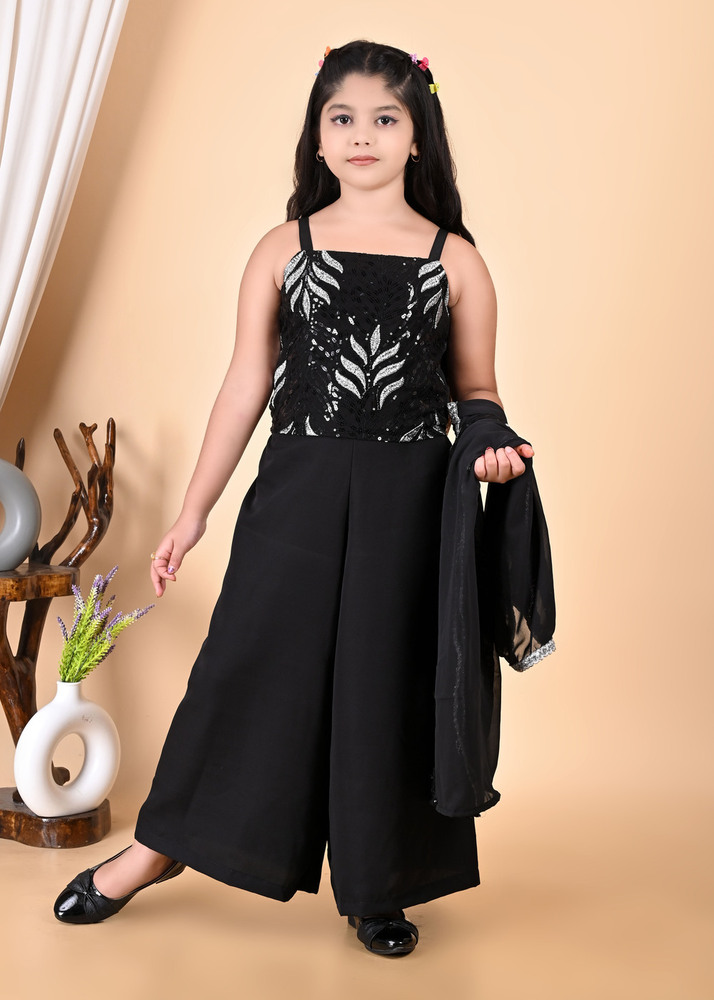 Girls Self Designed Premium Jacket Black Clothing Set