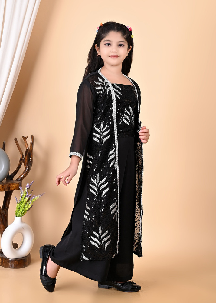 Girls Self Designed Premium Jacket Black Clothing Set