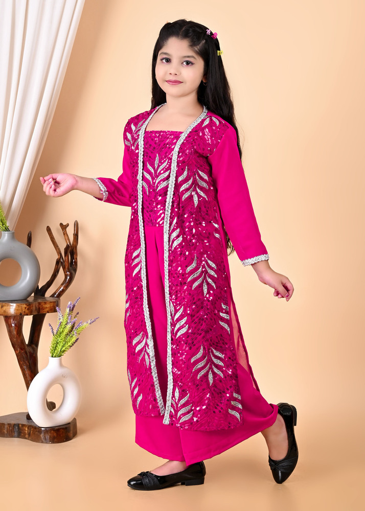 Girls Self Designed Premium Jacket Pink Clothing Set - Color: Different Available