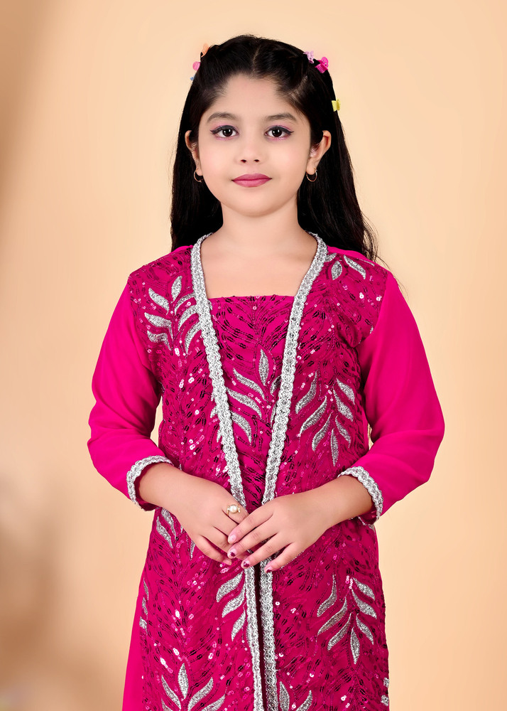 Girls Self Designed Premium Jacket Pink Clothing Set - Color: Different Available
