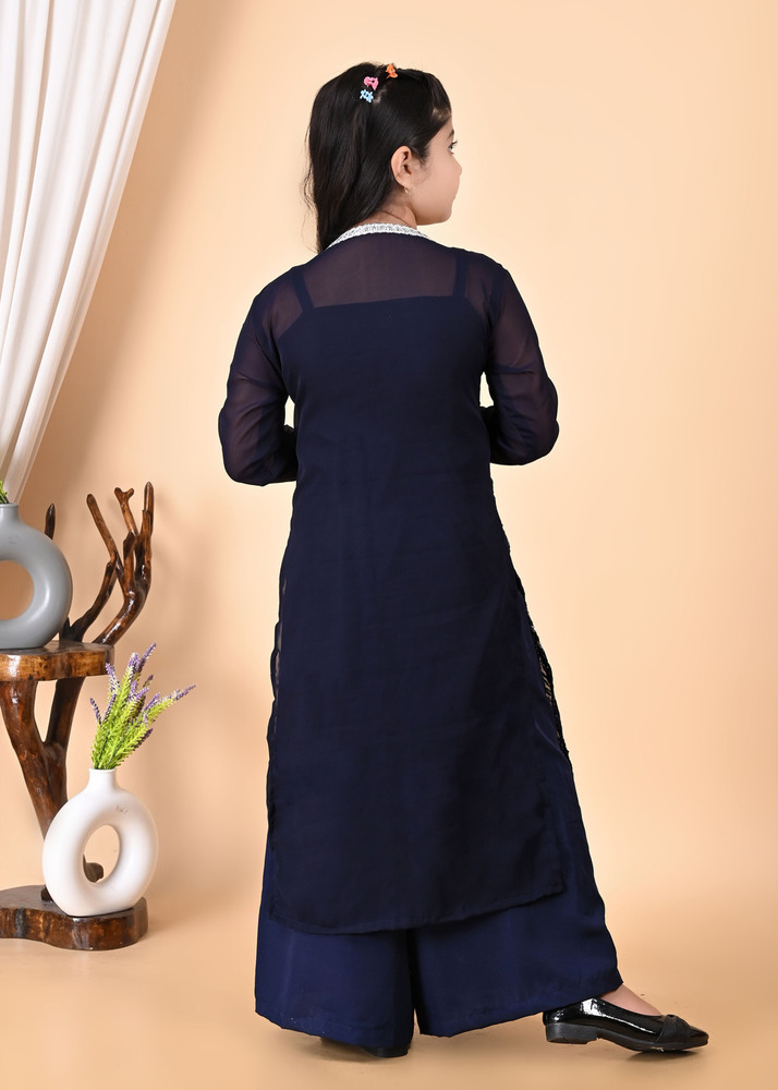 Girls Self Designed Premium Jacket Blue Clothing Set