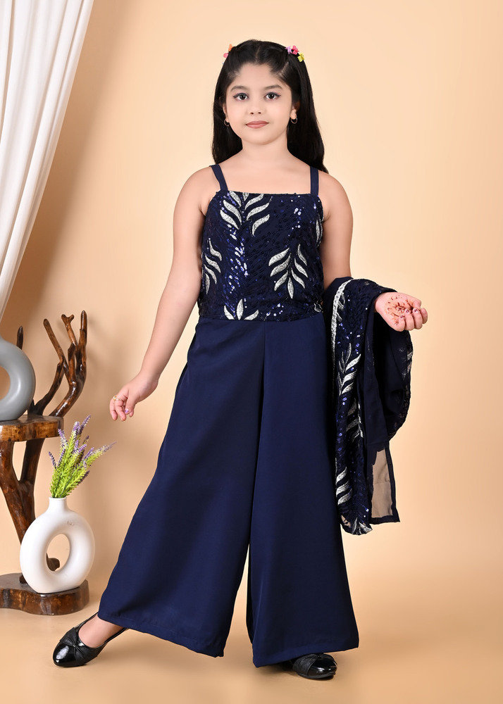 Girls Self Designed Premium Jacket Blue Clothing Set