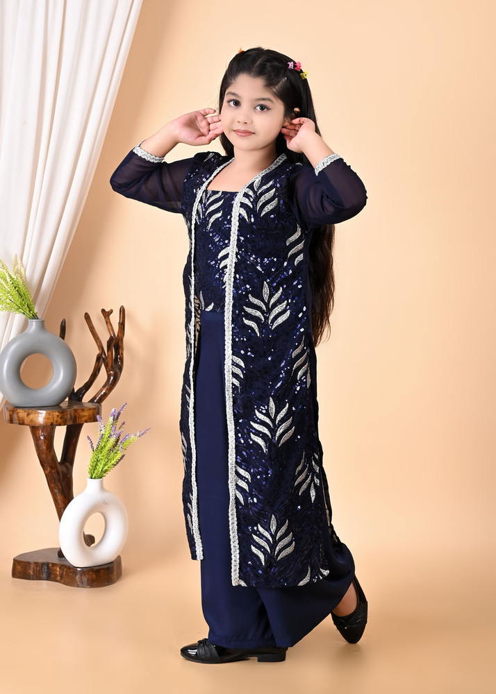 Girls Self Designed Premium Jacket Blue Clothing Set