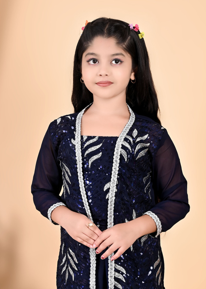 Girls Self Designed Premium Jacket Blue Clothing Set