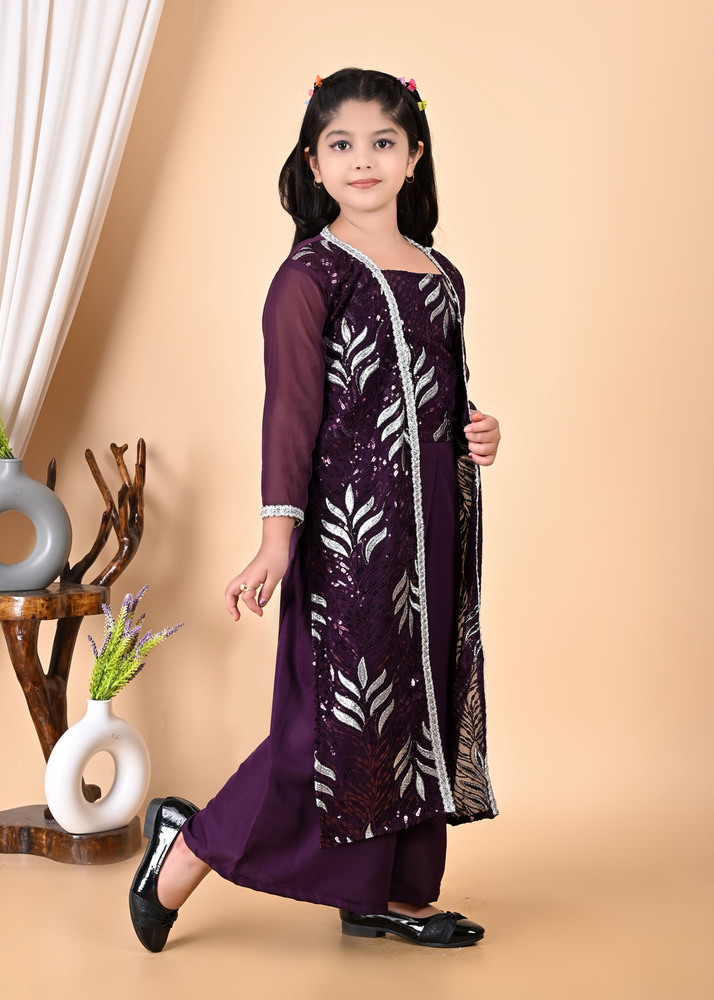 Girls Self Designed Premium Jacket Purple Clothing Set - Color: Different Available