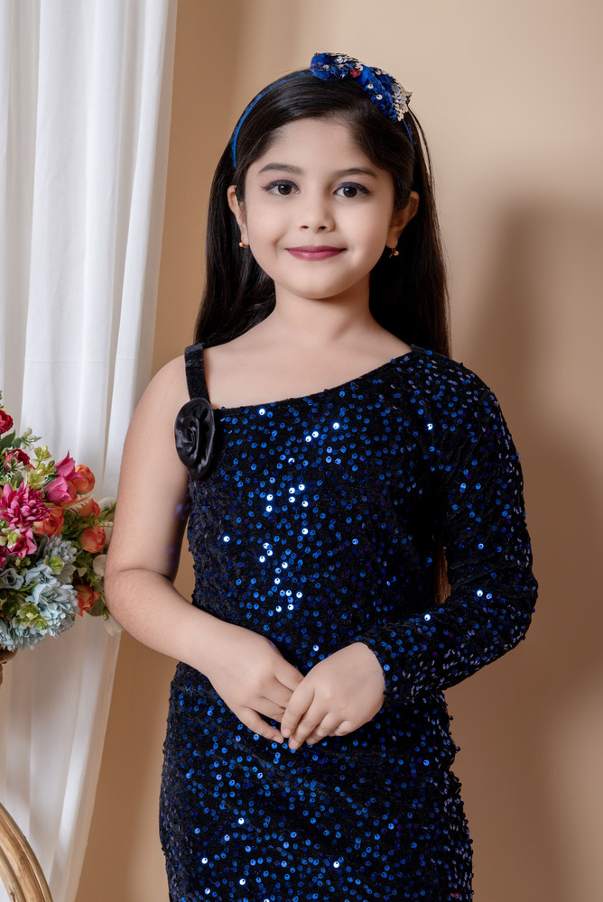 Girls Embellished Sequin Bodycon Navy Blue Dress