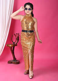 Girls Premium Sequin Long Bodycon Golden Dress - Age Group: 4-15 Years