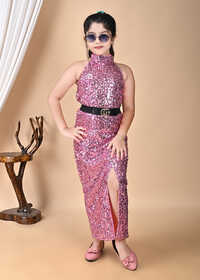 Girls Premium Sequin Long Bodycon Peach Dress - Color: Different Available