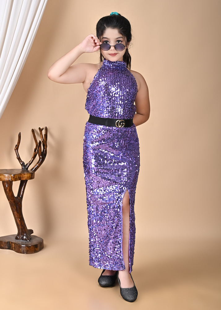 Girls Premium Sequin Long Bodycon Purple Dress