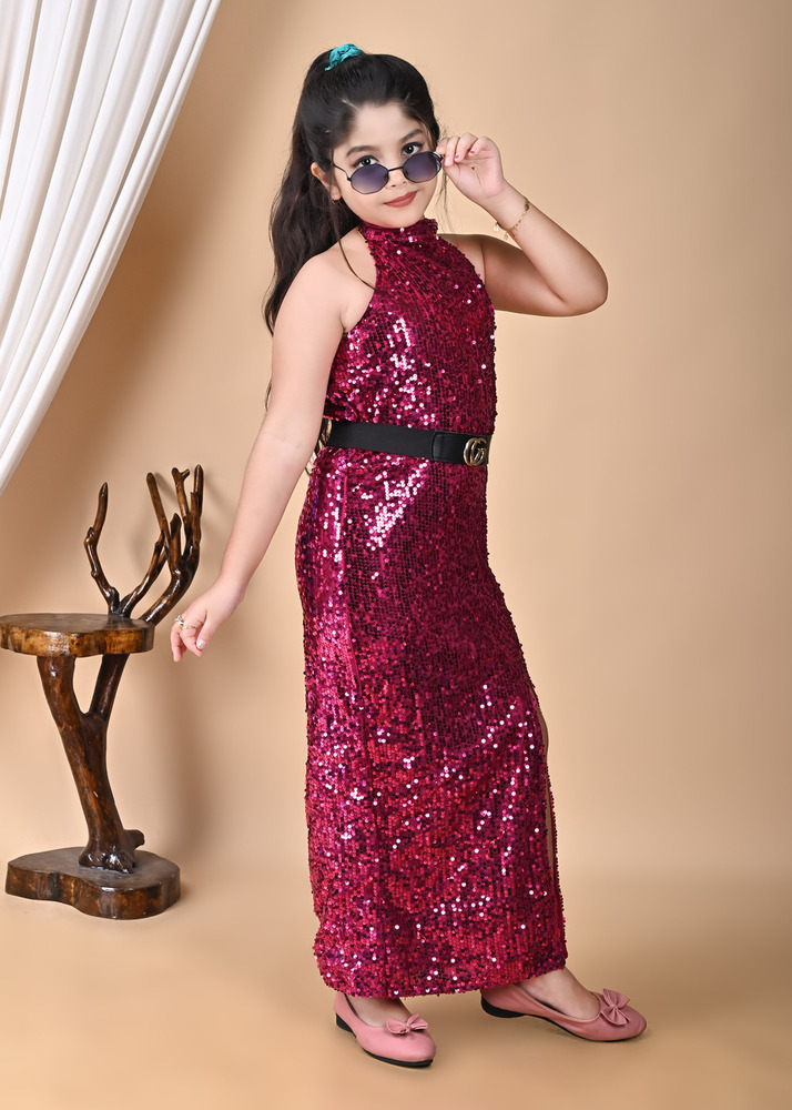 Girls Premium Sequin Long Bodycon Pink Dress