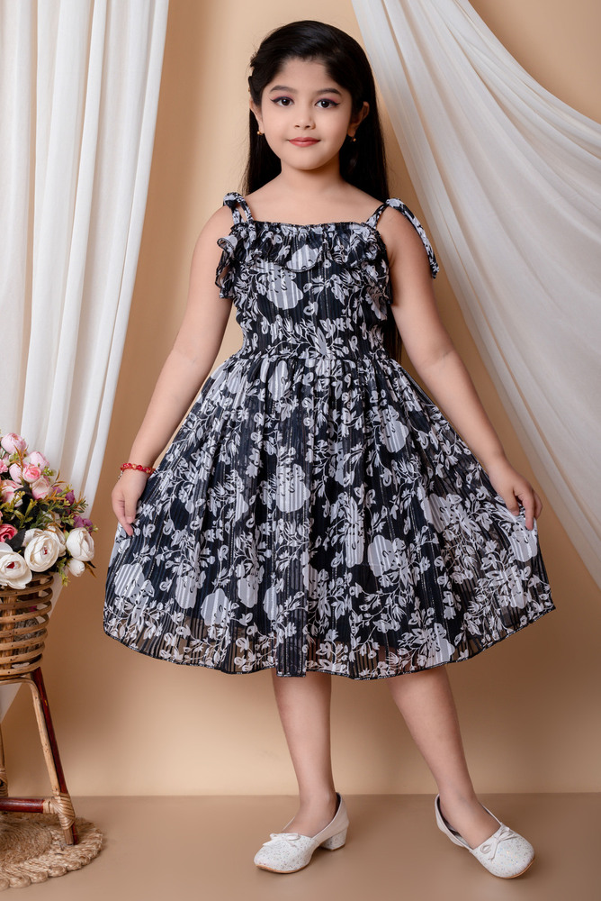 Girls Self Design A Line Black Dress