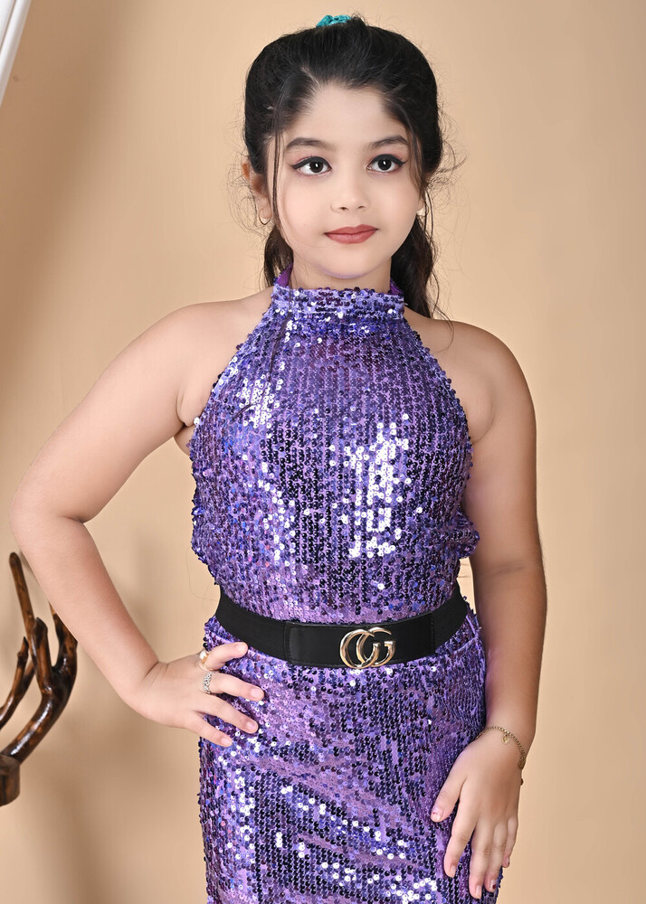 Girls Premium Sequin Long Bodycon Purple Dress
