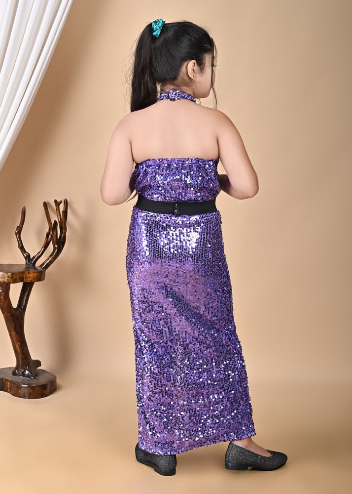 Girls Premium Sequin Long Bodycon Purple Dress