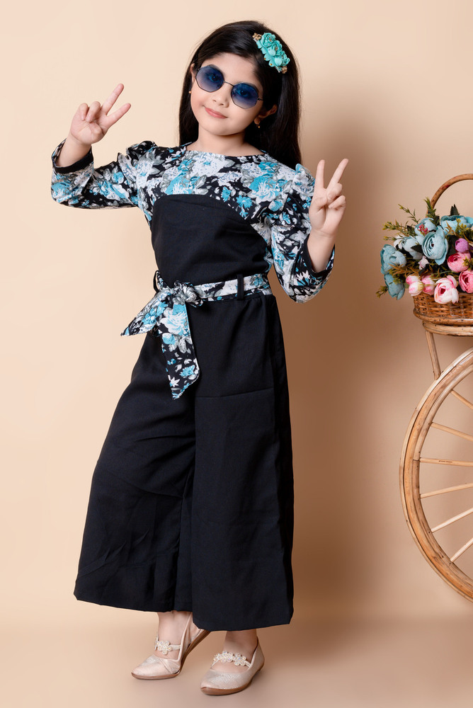 Girls Self Designed Premium Cotton Jumpsuit Blue Dress - Color: Different Available