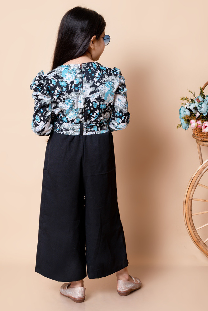 Girls Self Designed Premium Cotton Jumpsuit Blue Dress