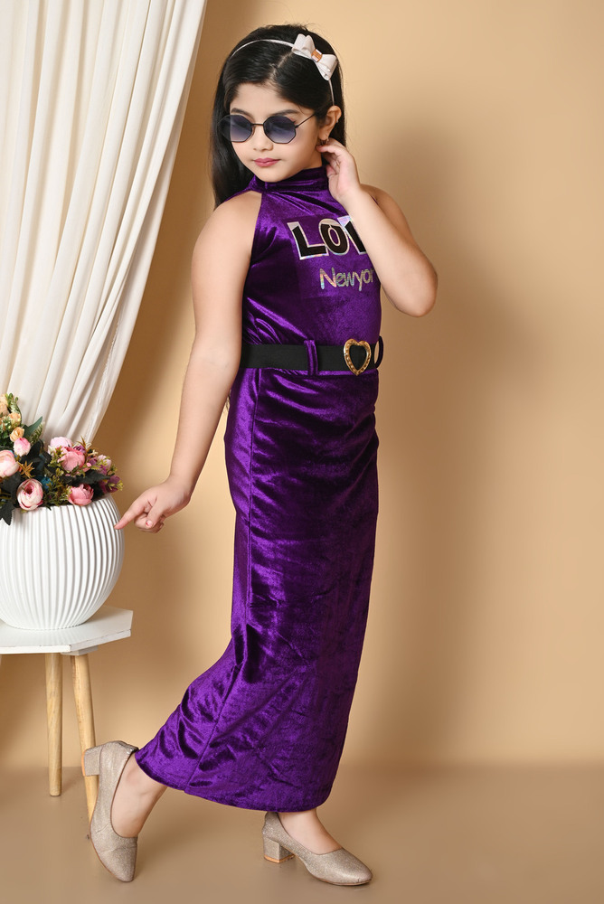 Girls Self Designed Premium Velvet Long Bodycon Purple Dress