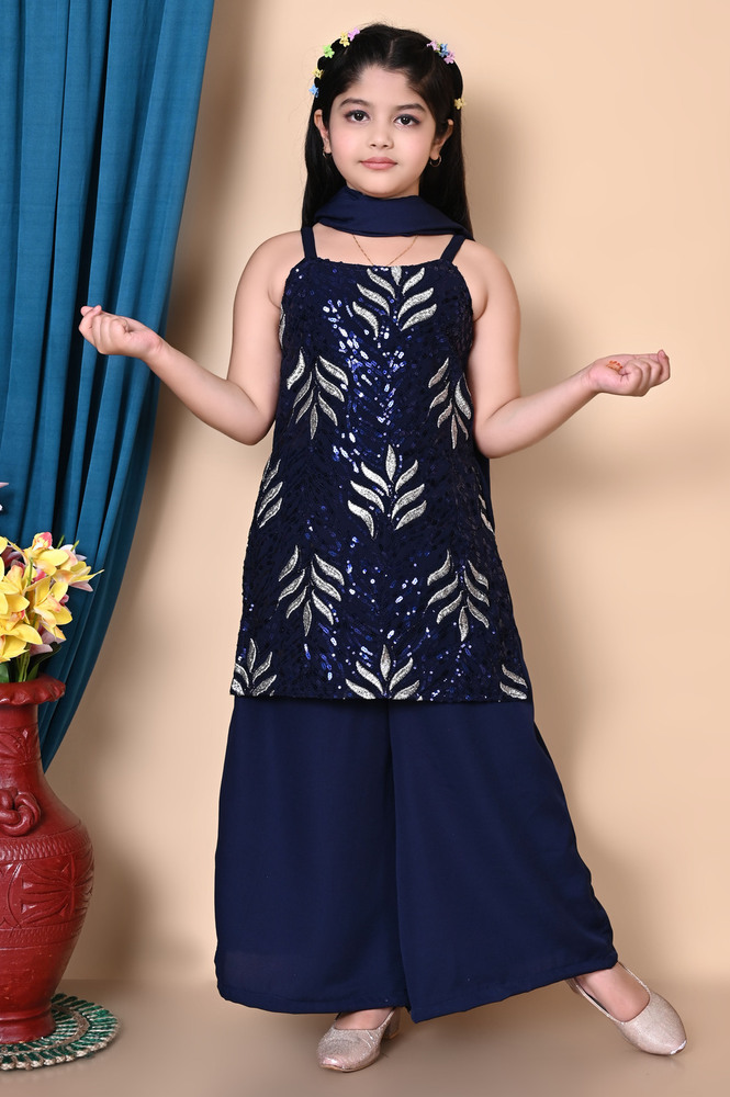 Girls Self Designed Premium Blue Cotton Kurta Set