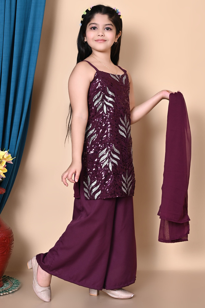 Girls Self Designed Premium Purple Cotton Kurta Set