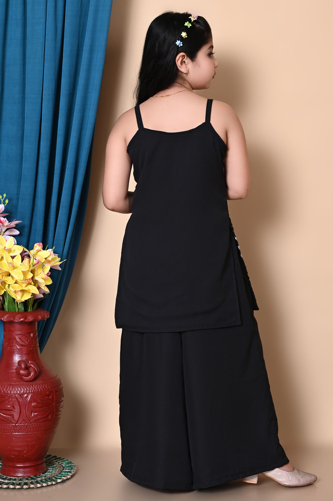 Girls Self Designed Premium Cotton Black Kurta Set