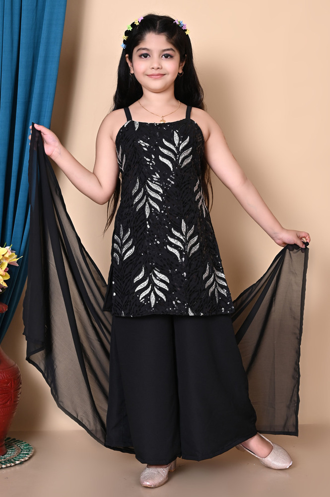 Girls Self Designed Premium Cotton Black Kurta Set